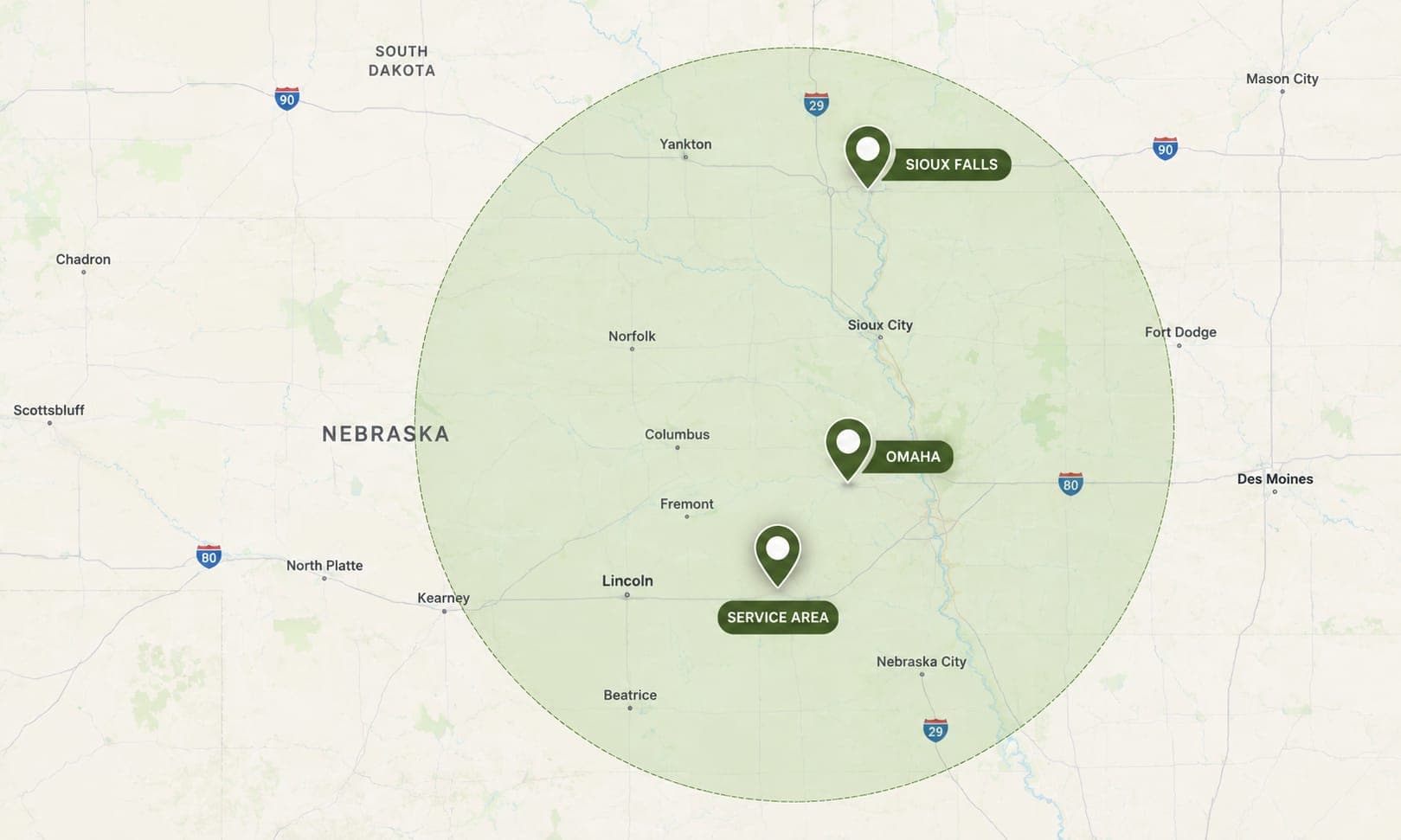 Map of the Siouxland Area, Omaha, Sioux Falls service area