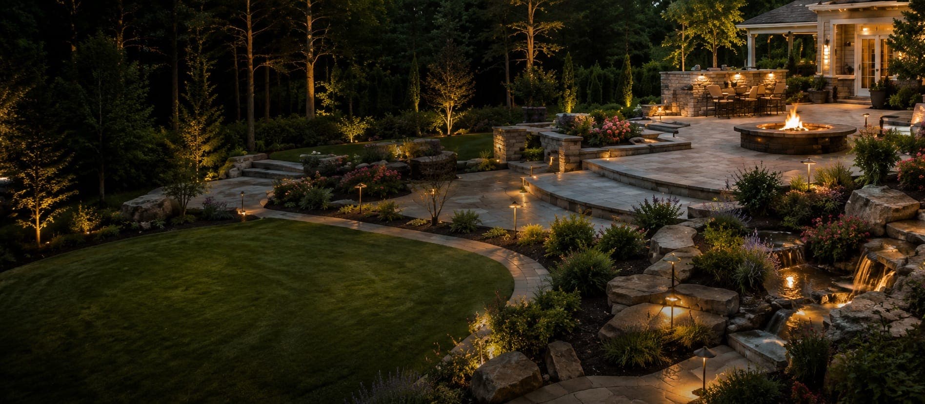 Illuminated backyard patio, fire pit and waterfall landscaping at night