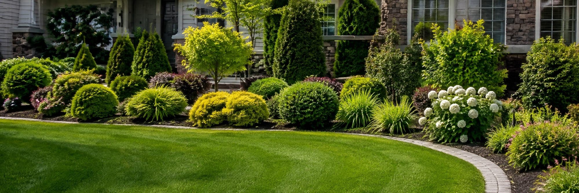 Manicured front-yard landscaping with trimmed shrubs and lawn edging