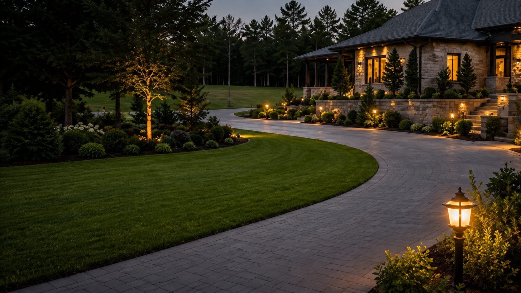 Curved paver driveway with landscape lighting leading to a stone home at dusk