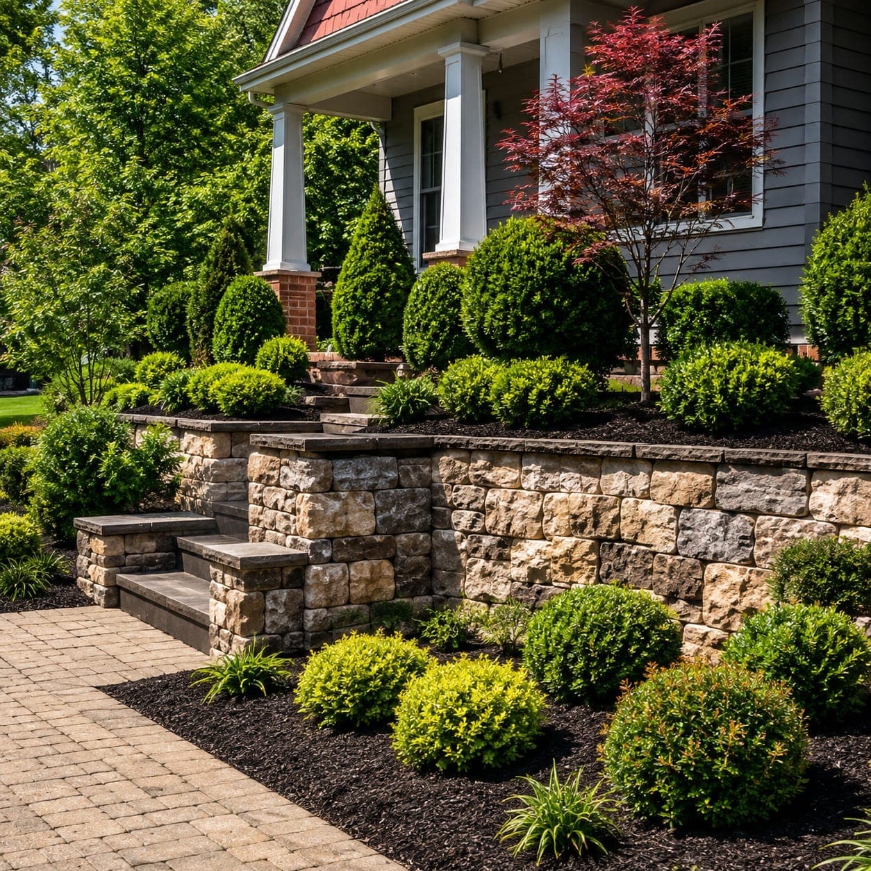 Completed stone retaining wall and landscaping in front of a residential porch
