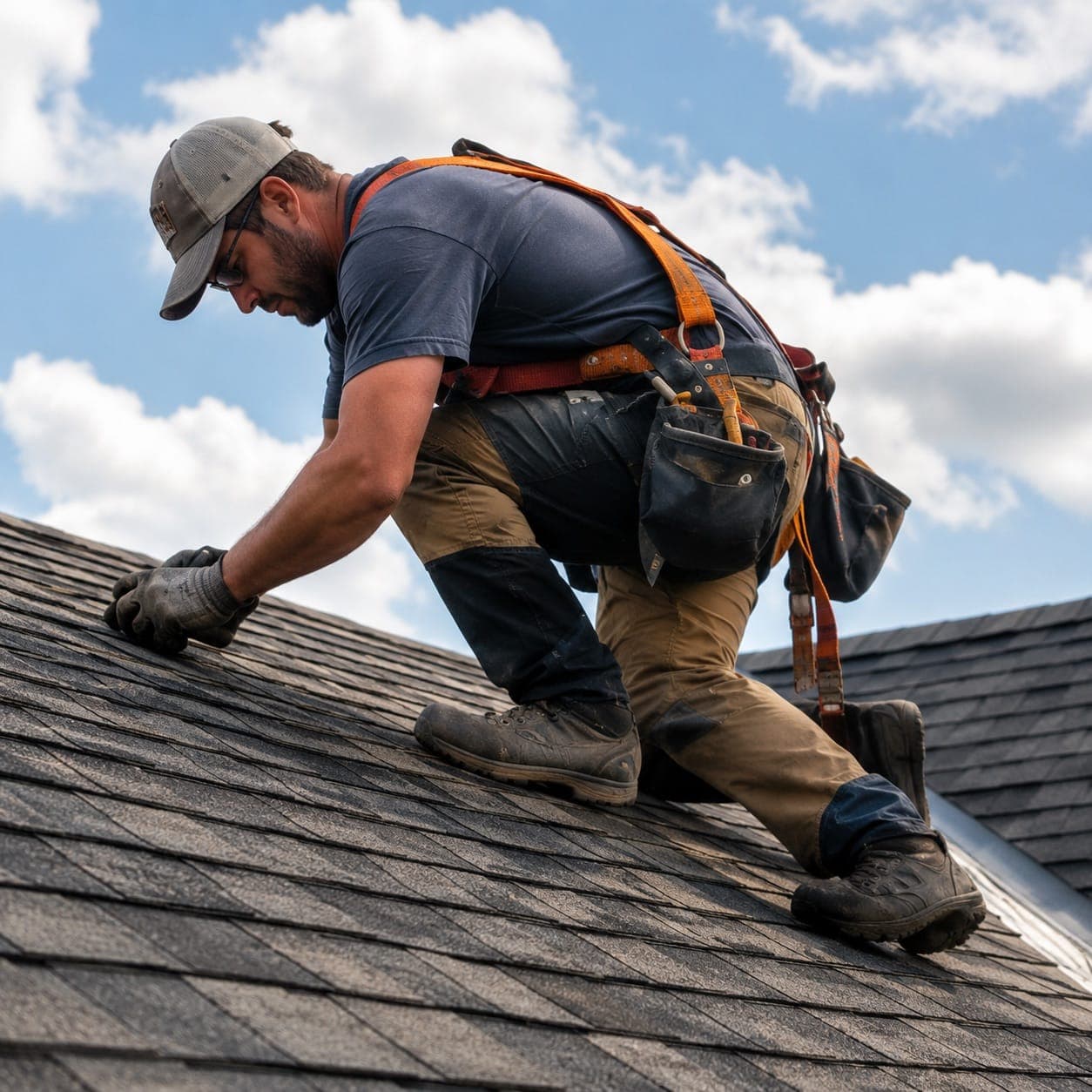 Roofing technician installing shingles on a residential property