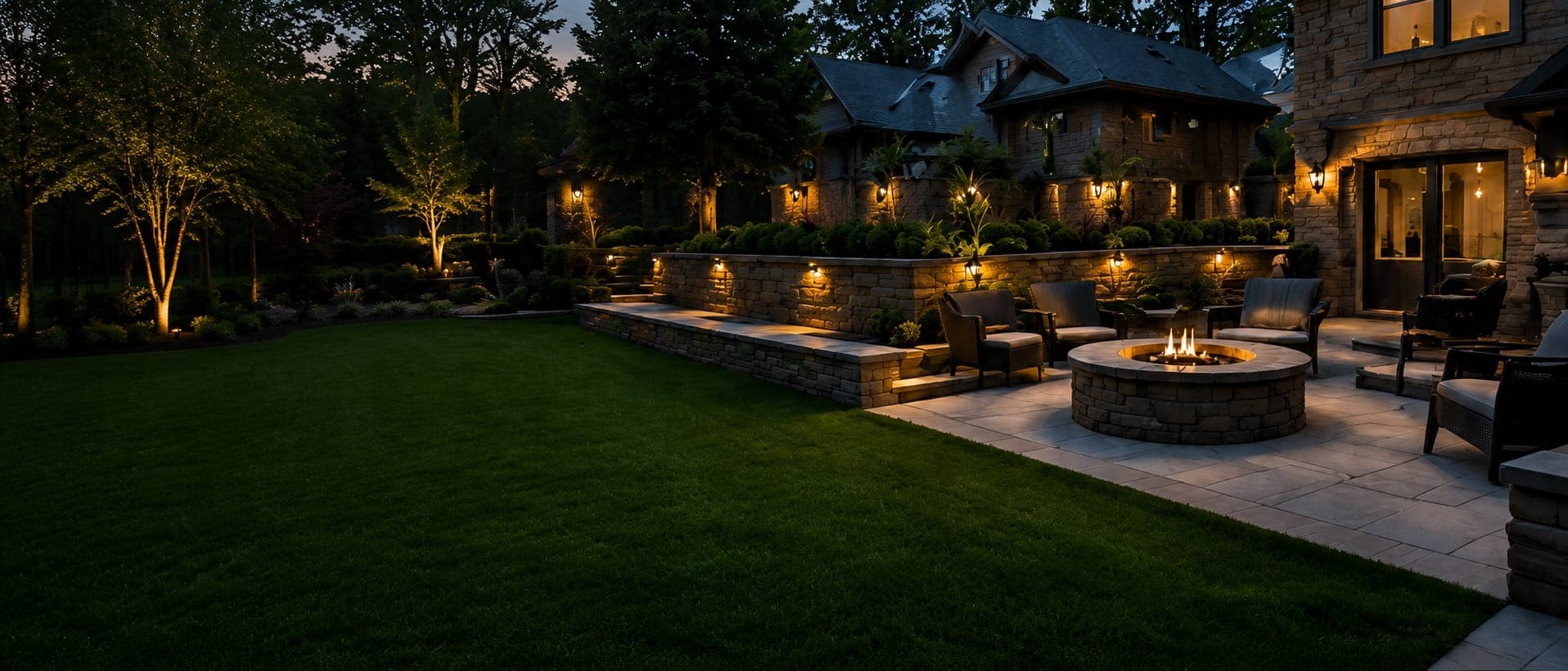 Backyard patio with a stone fire pit, seating area, retaining wall and landscape lighting at dusk